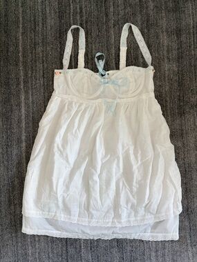 Delicate White Lace-Trim dress  with Pale Blue Ribbon